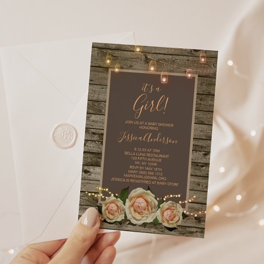 Rustic Floral Mason Jar String Light Baby shower Kaart