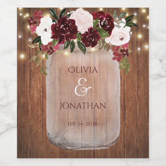 Rustic Floral Mason Jar String Lights Wedding Wijn Etiket (Enkel label)