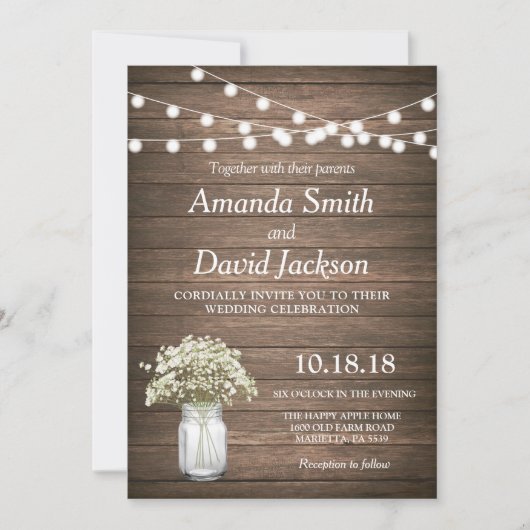 Rustic Floral Mason Jar Wedding Invitation Kaart (Voorkant)