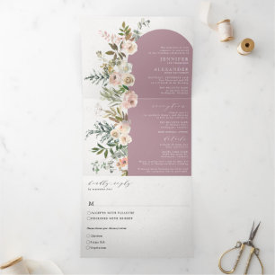 Rustic Floral Mauve All in One Wedding Tri Fold Drieluik Uitnodiging