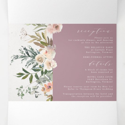 Rustic Floral Mauve All in One Wedding Tri Fold Drieluik Uitnodiging (Binnenkant midden)