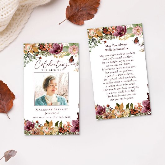 Rustic Floral Memorial Funeral Prayer Card Visitekaartje