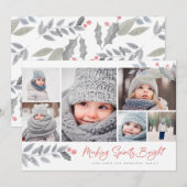 Rustic Floral Merry Bright Multi-Photo Collage Feestdagenkaart (Voorkant / Achterkant)