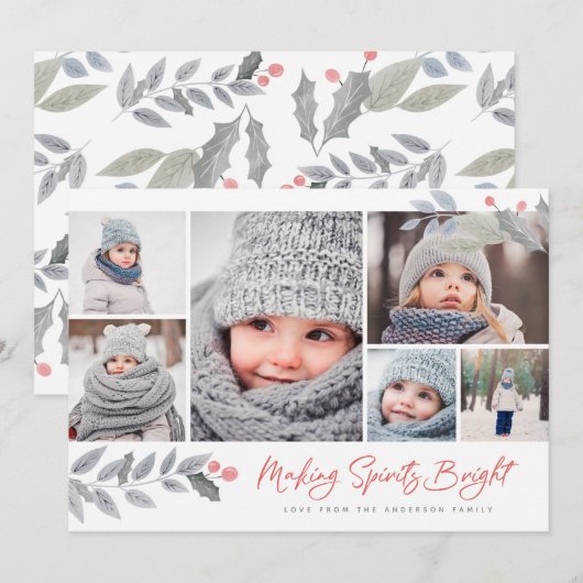 Rustic Floral Merry Bright Multi-Photo Collage Feestdagenkaart (Voorkant / Achterkant)