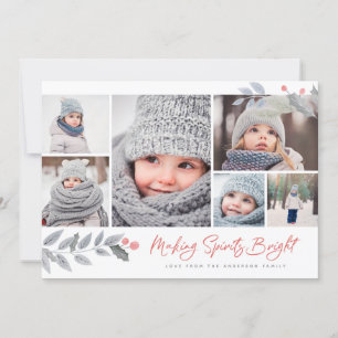 Rustic Floral Merry Bright Multi-Photo Collage Feestdagenkaart