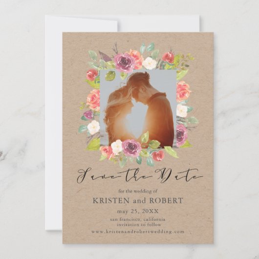 Rustic Floral met foto bewaart de Kaart Datum (Voorkant)