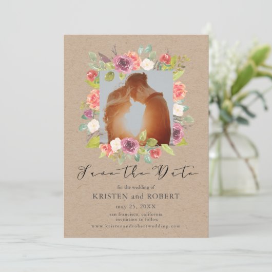 Rustic Floral met foto bewaart de Kaart Datum (Staand voorkant)