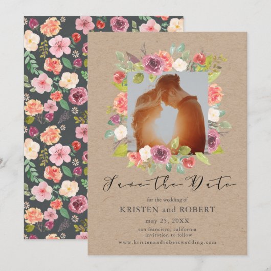 Rustic Floral met foto bewaart de Kaart Datum (Voorkant / Achterkant)