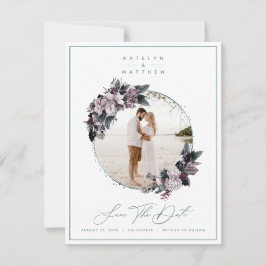 Rustic Floral Mint Framed Foto & Calligrafie Save The Date (Voorkant)