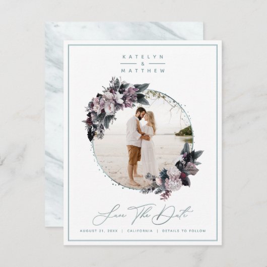 Rustic Floral Mint Framed Foto & Calligrafie Save The Date (Voorkant / Achterkant)