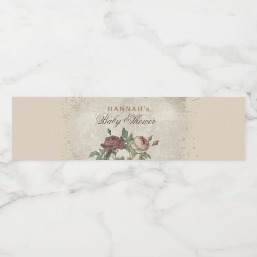 Rustic Floral Modern Baby shower Burgundy Blush Waterfles Etiket (Enkel label)