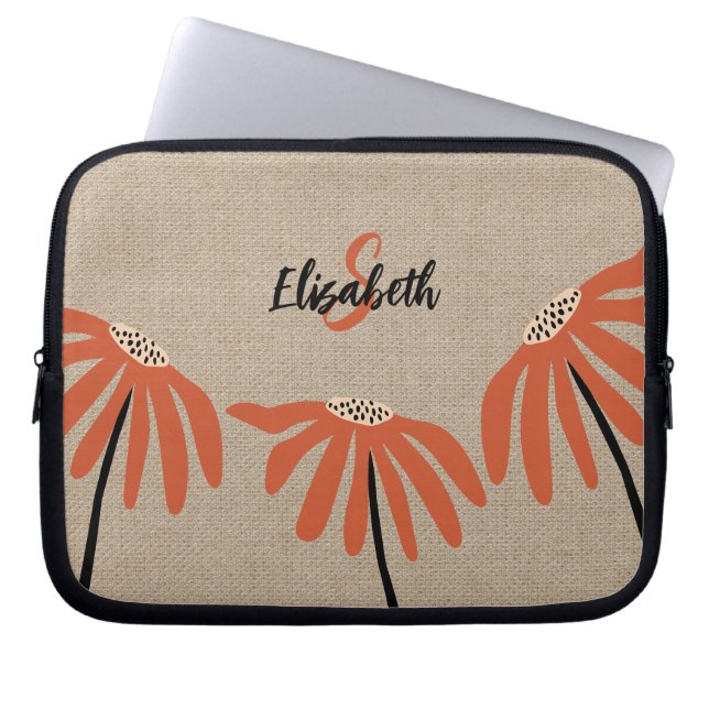 Rustic Floral Monogrammed Name Oranje Black Tan Laptop Sleeve (Voorkant)
