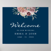 Rustic, Floral, Navy, Wedding Welcome Sign Poster (Voorkant)
