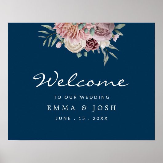 Rustic, Floral, Navy, Wedding Welcome Sign Poster (Voorkant)