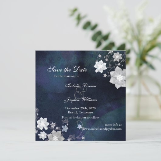 Rustic Floral Navy Winter Wedding Save the Date (Staand voorkant)