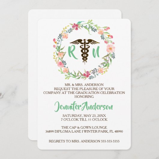 Rustic Floral Nursing School Afstuderen Uitnodigen Kaart (Voorkant / Achterkant)