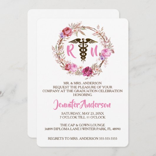 Rustic Floral Nursing School Afstuderen uitnodigen Kaart (Voorkant / Achterkant)