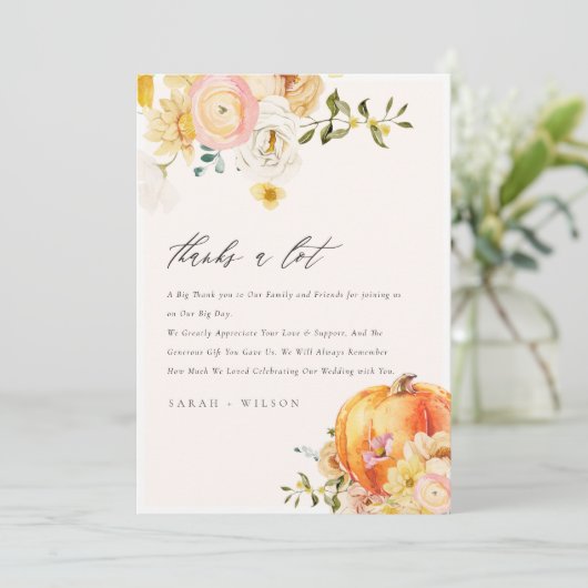 Rustic Floral Oranje herfst Pumpkin Wedding Bedankkaart (Staand voorkant)