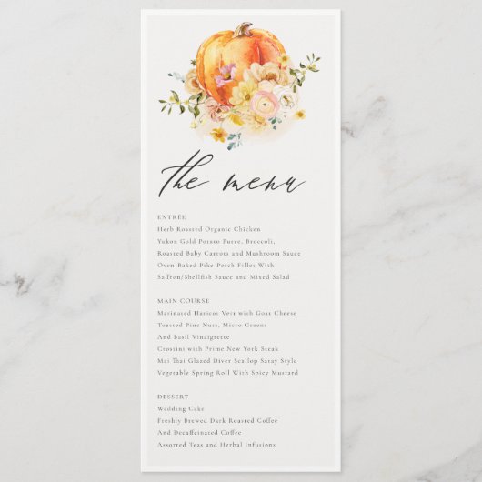 Rustic Floral Oranje herfst Pumpkin Wedding Menu (Voorkant)