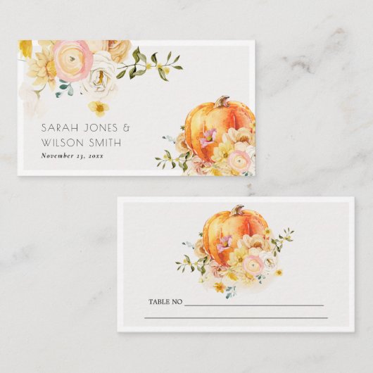 Rustic Floral Oranje herfst Pumpkin Wedding Plaatskaartje (Voorkant / Achterkant)