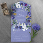 Rustic Floral Orchid Wreath Periwinkle Dinner All In One Uitnodiging<br><div class="desc">OOK BESCHIKBAAR MET EEN QR-CODE OM IN HET RSVP-GEBIED TE SCAN. Dit ontwerp is eenvoudig, maar elegant, met een paarse, blauwe, gele en periwinkle orchidee op een rand-windturbulente achtergrond. De gepersonaliseerde alle-in-één uitnodigingen zijn een unieke combinatie van zowel een prachtig gedrukte douaneverzoeken met een gemakkelijk om geperforeerd briefkaart af te...</div>