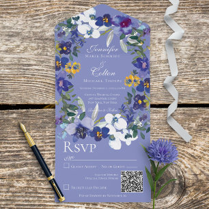 Rustic Floral Orchid Wreath Periwinkle QR Code All In One Uitnodiging