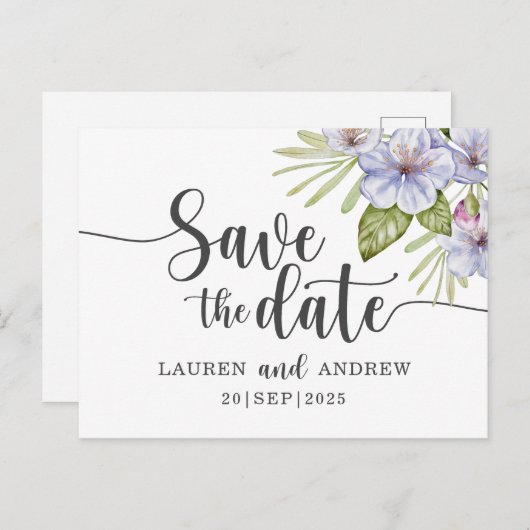 Rustic Floral Paars Save the Date Briefkaart (Voorkant / Achterkant)