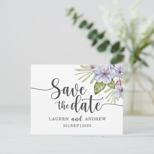 Rustic Floral Paars Save the Date Briefkaart (Staand voorkant)