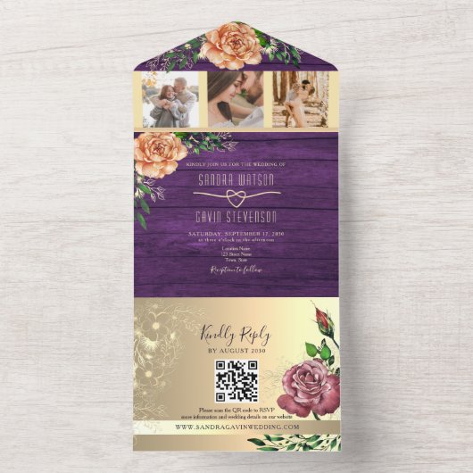 Rustic Floral Paars Wedding All In One Uitnodiging (Binnen)