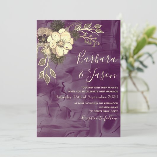 Rustic Floral Paars Wedding Invitation Kaart (Staand voorkant)