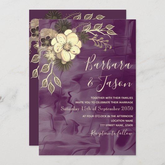 Rustic Floral Paars Wedding Invitation Kaart (Voorkant / Achterkant)