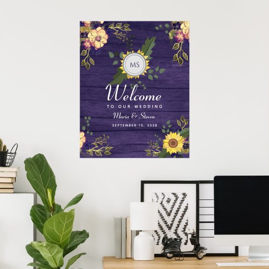 Rustic Floral Paars Wedding Welkom Poster (Thuiskantoor)