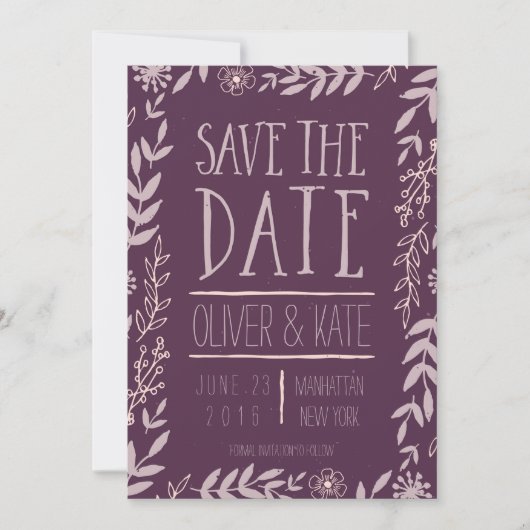 Rustic Floral Paarse Save the Date (Voorkant)