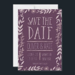 Rustic Floral Paarse Save the Date<br><div class="desc">Paarse Save the Dates-kaarten met prachtige rustieke bloemen en bladeren. Ideaal voor een paarse of rustieke bruiloft. Vervang de tekst van de plaatsaanduiding in de sjabloon om uw gegevens toe te voegen. Klik op de knop "Aanpassen" voor meer opties, zoals het wijzigen van het lettertype en de grootte ervan. ©...</div>