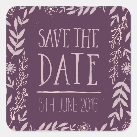 Rustic Floral Paarse Save the Date Vierkante Sticker (Voorkant)