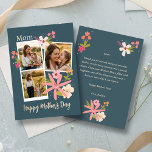 Rustic Floral Photo Collage Mother's Day Feestdagenkaart<br><div class="desc">Give Mom a gift that feels as warm as a summer afternoon. This elegant Mother’s Day card features a beautiful three-photo collage, allowing you to showcase your favorite moments—from quiet hugs to playful walks in the meadow. Set against a sophisticated deep teal background, the design is accented with hand-drawn botanical...</div>