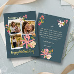 Rustic Floral Photo Collage Mother's Day Real Folie Feestdagenkaart<br><div class="desc">Give Mom a gift that feels as warm as a summer afternoon. This elegant real foil pressed Mother’s Day card features a beautiful three-photo collage, allowing you to showcase your favorite moments—from quiet hugs to playful walks in the meadow. Set against a sophisticated deep teal background, the design is accented...</div>