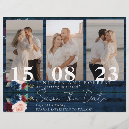 Rustic Floral Photo Collage Save the Date Kaart (Voorkant)