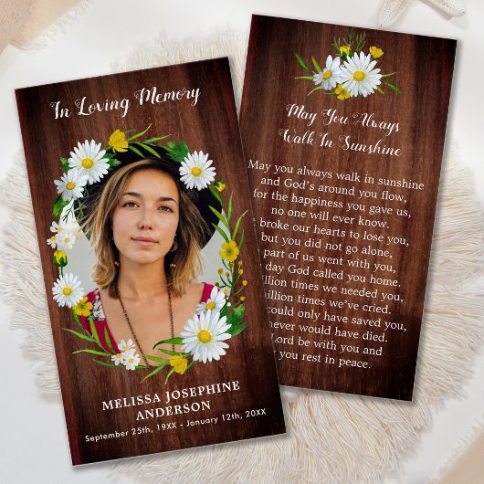 Rustic Floral Photo Funeral Memorial Prayer Kaart