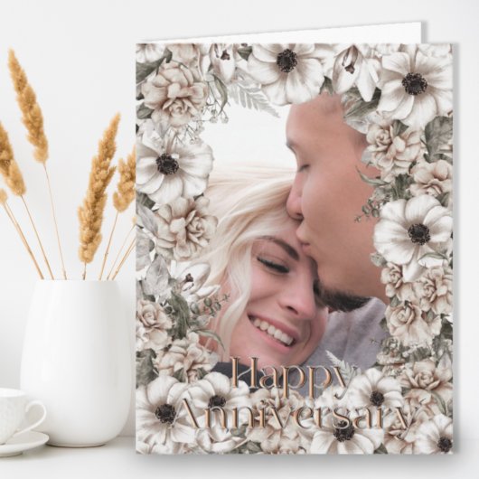 Rustic Floral Photo Jubileum Kaart