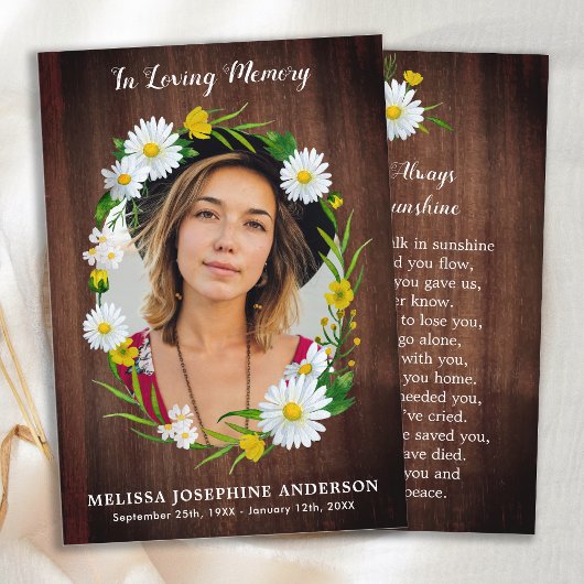 Rustic Floral Photo Memorial Prayer Kaart Funeral