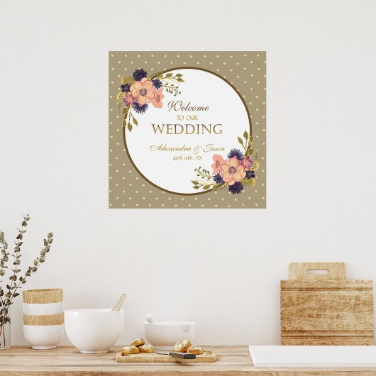 Rustic Floral Pink and Gold Welcome Wedding Poster (Keuken)