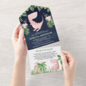Rustic Floral Pink Dinosaur Navy Blue Baby shower All In One Uitnodiging (Afscheurbaar)