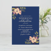 Rustic Floral Pink Navy Blue Wedding Invitation Kaart (Staand voorkant)