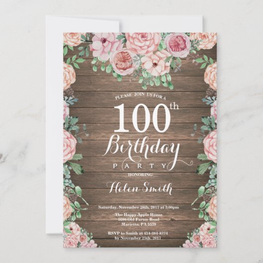 Rustic Floral Pink Peonies 100th Birthday Kaart (Voorkant)