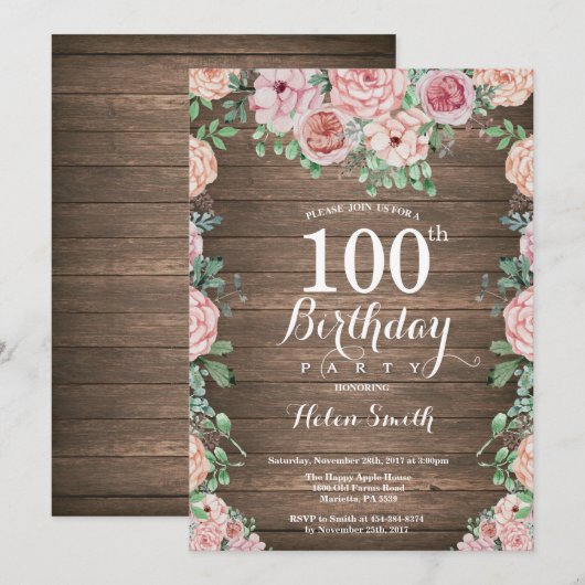 Rustic Floral Pink Peonies 100th Birthday Kaart (Voorkant / Achterkant)