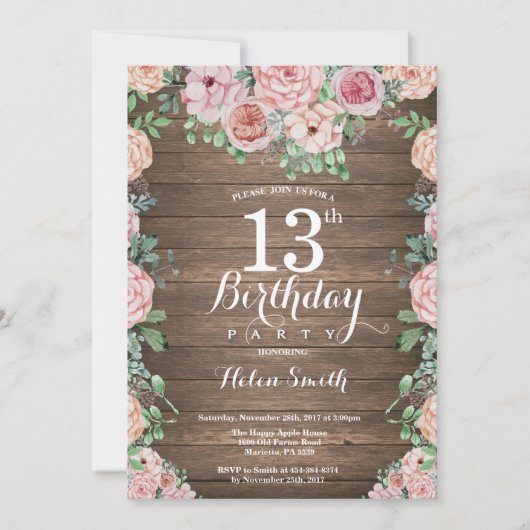 Rustic Floral Pink Peonies 13th Birthday Kaart (Voorkant)