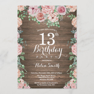 Rustic Floral Pink Peonies 13th Birthday Kaart