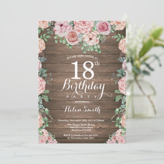 Rustic Floral Pink Peonies 18th Birthday Kaart (Staand voorkant)