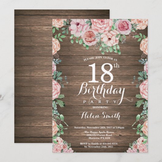 Rustic Floral Pink Peonies 18th Birthday Kaart (Voorkant / Achterkant)